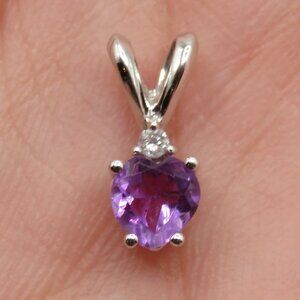 10K White Gold Heart Shaped Amethyst Diamond Accent Pendant